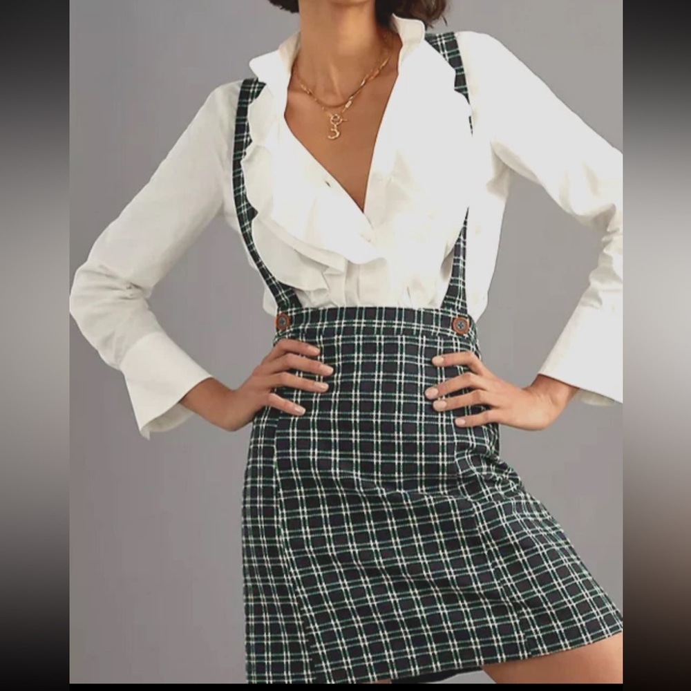 Maeve Anthropologie Green & Black Plaid Suspender  Skirt sz 12